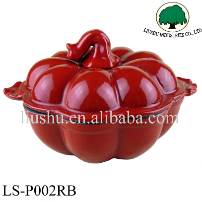 Pumpkin cast iron enamel casserole in red color with elegant design